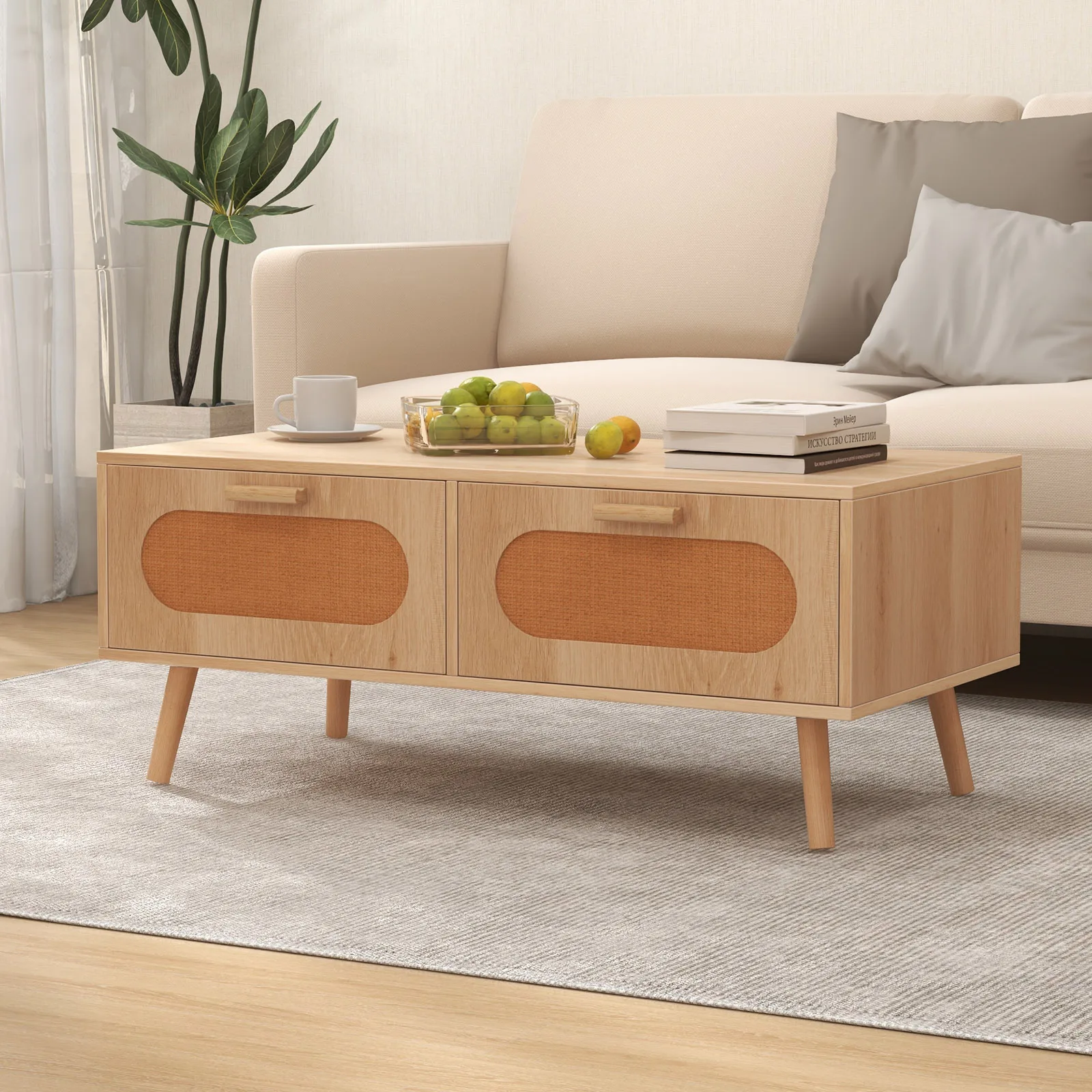 Mesa de centro de vime Mesa central moderna de meados do século com 2 gavetas de armazenamento