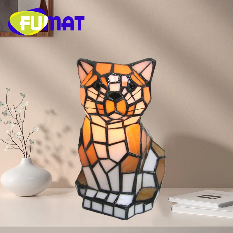 

FUMAT Витражная лампа Тиффани, креативная настольная лампа в виде кота, собаки, животного, искусство, декоративная фотолампа для спальни, кабинета, искусственная ночь