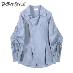 TWOTWINSTYLE Irregular Spliced Folds Loose Shirts For Women Lapel Long Sleeve Patchwork Lace Up Solid Blouse Female Fashion New