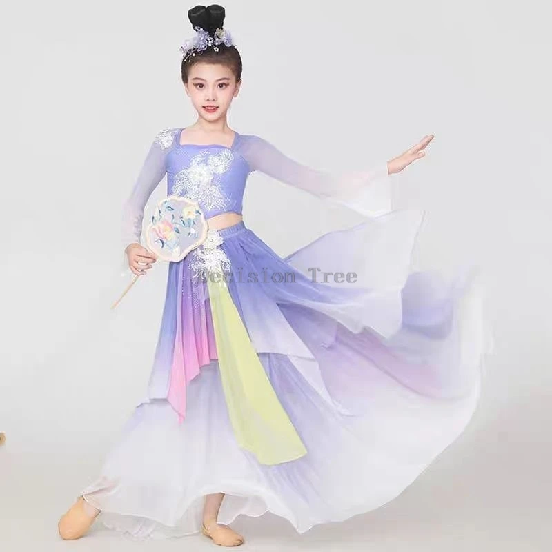 new-children's-classical-dance-performance-costume-girls'-chinese-dance-retro-performance-kids'-dance-costume-set-with-headdress