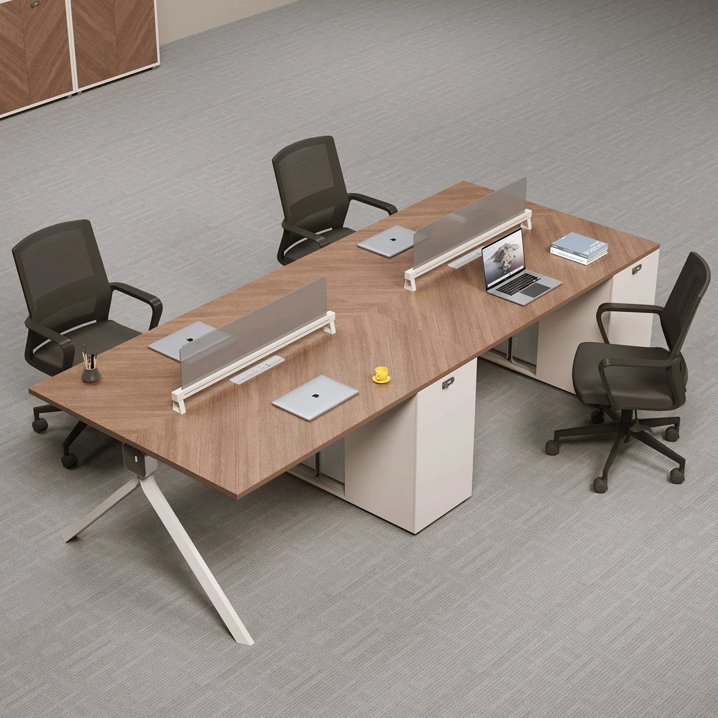 Employee Workstation Desk Minimalist Modern 4-Seat Wood Screen Partition Office Computer Desk Furniture Four-Pair Desk Chair Set
