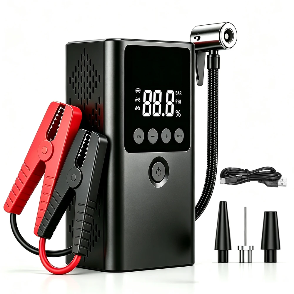 6000mAh Car Jump Starter with Air Compressor 12V Auto Battery Booster Portable Air Pump Power Bank Tire Inflator
