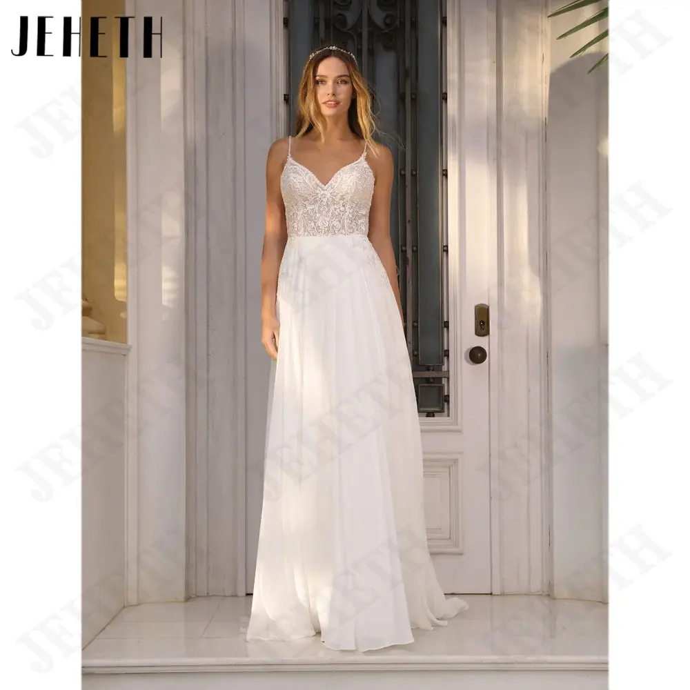 JEHETH V-Neck A Linha Spaghetti Strap Vestido de casamento Chisffon Backless Sem Mangas Vestidos de Noiva Lace Back BotõesJEHETH V-Neck A Linha Spaghetti Strap Vestido de casamento Chisffon Backless Sem Mangas Vestidos