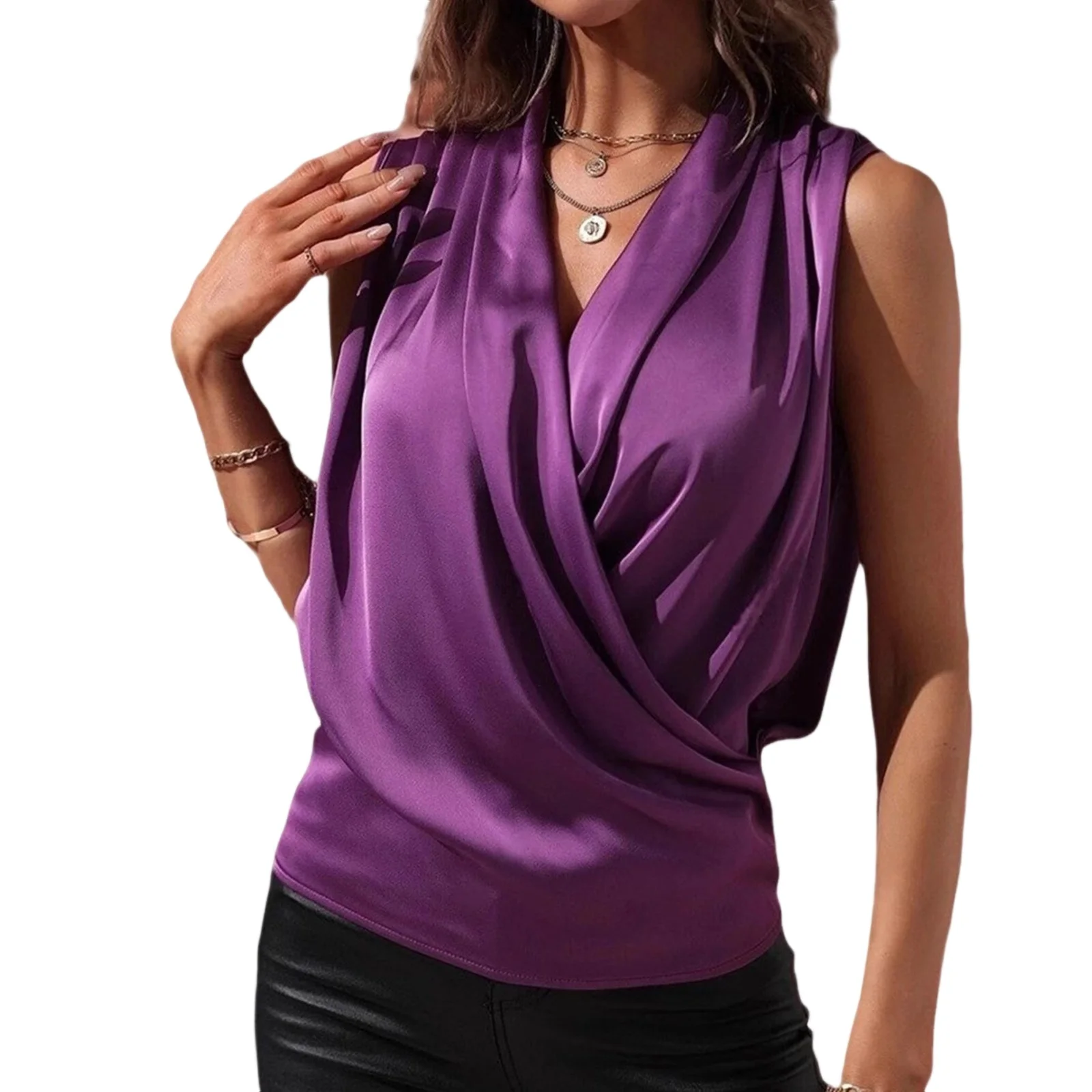 Women's Satin Tank Tops Solid Color Sleeveless Wrap V Neck Pleated Summer Shirts