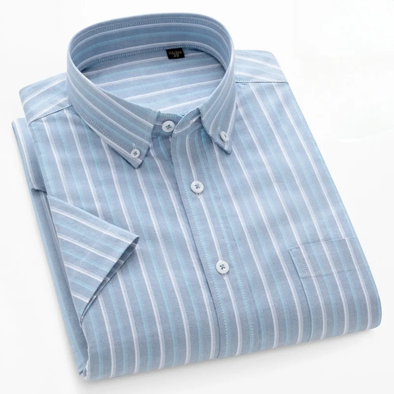 New 100% Cotton Oxford Men's Shirts Short Sleeve Plaid Soft Regular Fit Formal Dress Shirt Social Blouse Male Clothes 6XL 7XL