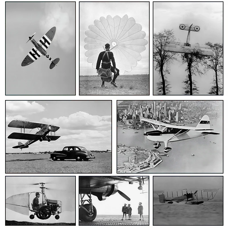 Black White Aircraft Military Parachuter Posters and Prints Canvas Printing Vintage Wall Art Picture for Living Room Home Decor