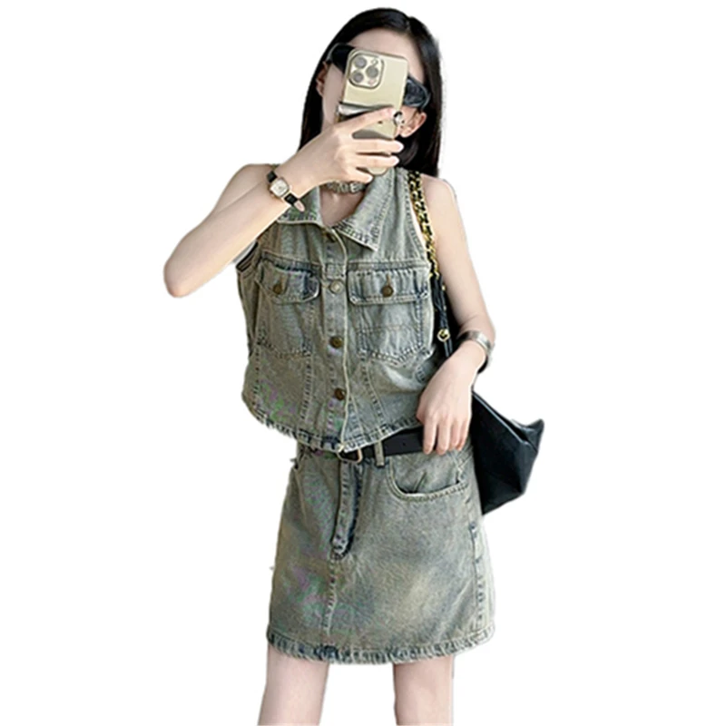 Summer Fashion Kids Girl Denim Suit with Skirt Jacket 2 Piece Outfit Child Trendy Streetwear Distressed Jeans Clothing Set 5-14Y