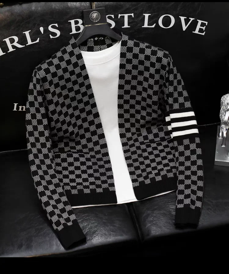 

Luxury brand men's knitted sweater autumn winter Cardigan new fashion customized plaid printing Korean version design warm coat