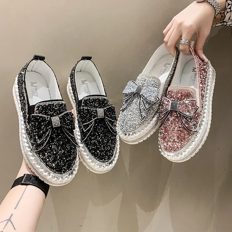 Fashion Women Shoes Shining Rhinestone Loafer Bowknot Slip-on Thick Botton Casual Ladies Crystal Female Platform Sneakers Sports