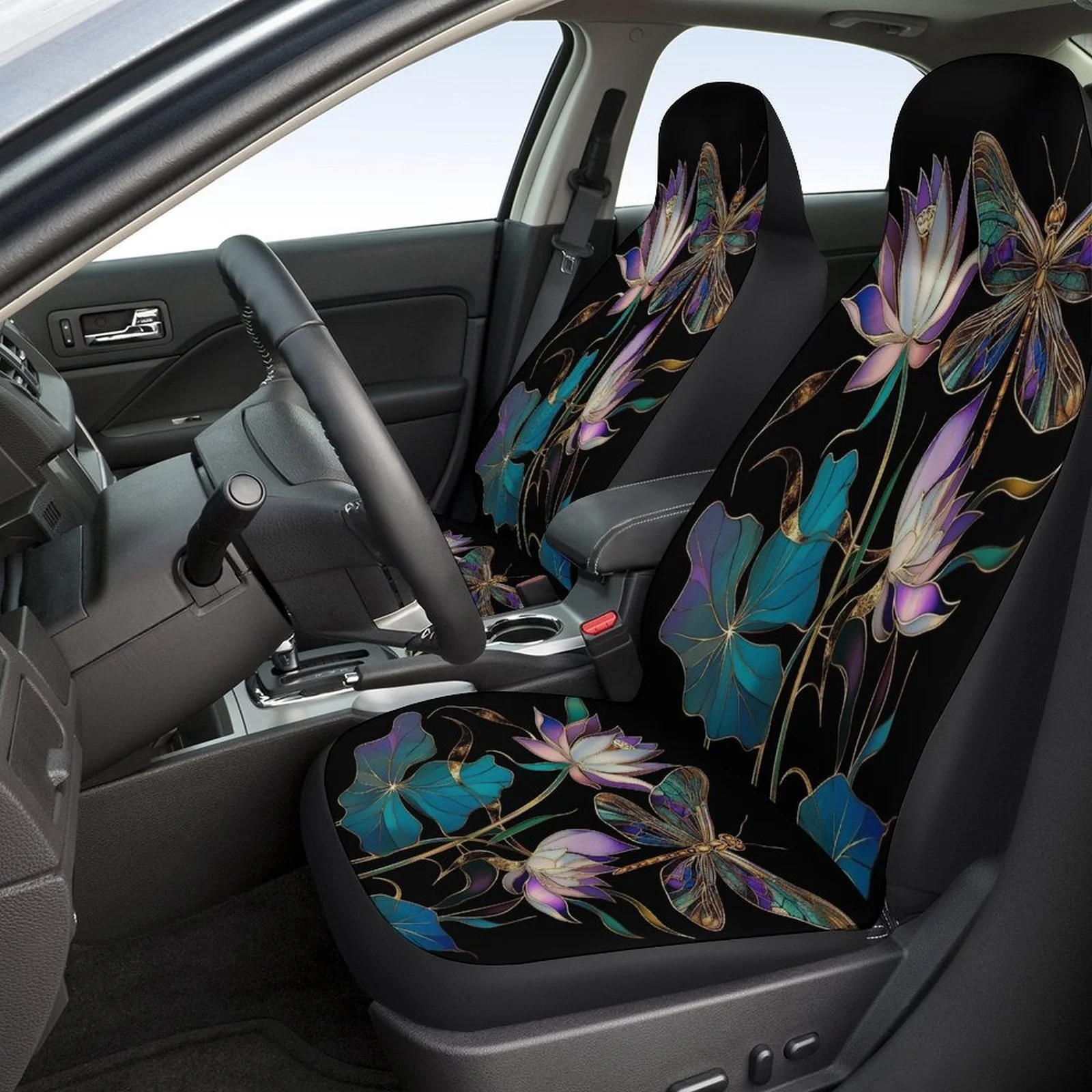 Dragonfly And For Lotus Themed Car Seat Cover Set For Most Cars, Fashion Novelty Car Seat Protector Covers Full Set, Car Seat C