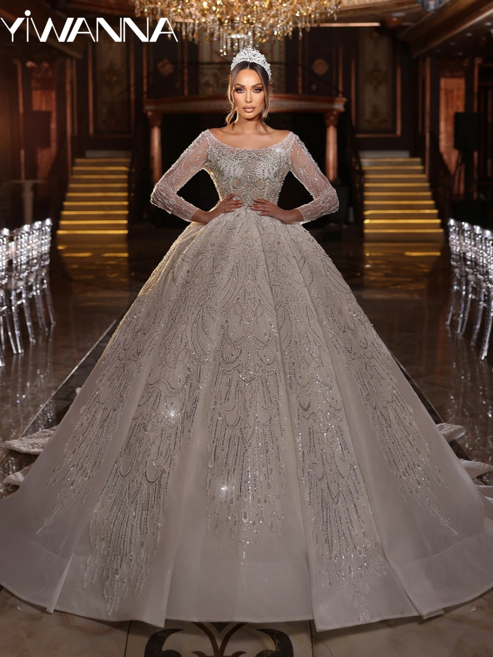 

Puffy Exquisite Beaded Pearls Wedding Dress Modest Oneck Long Sleeve Bridal Gown New Customized Charming Dresses For Bride