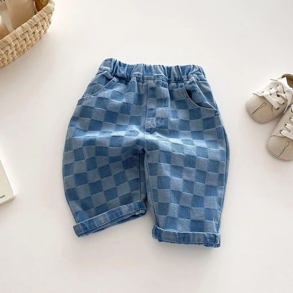 Children\'s Jeans 1-5Y New 2024 Autumn Boys Plaid Denim Pants Loose Style Mid Waist Girls Checkerboard Trousers