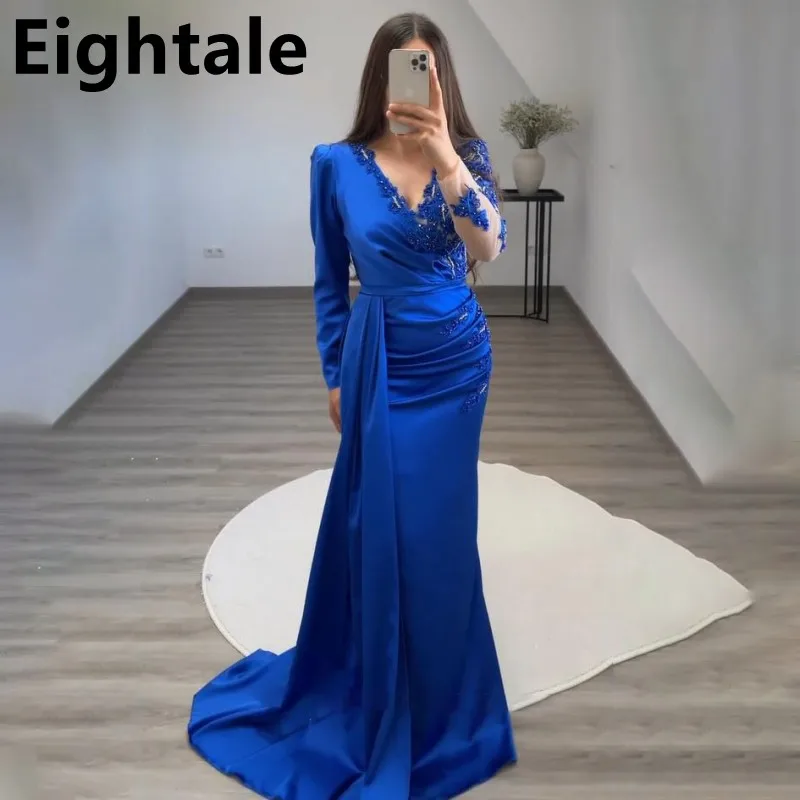 

Eightale Long Sleeve Royal Blue Mermaid Luxury Evening Dress With Appliques Beads Arabic Floor Length Side Slit Prom Party Gown