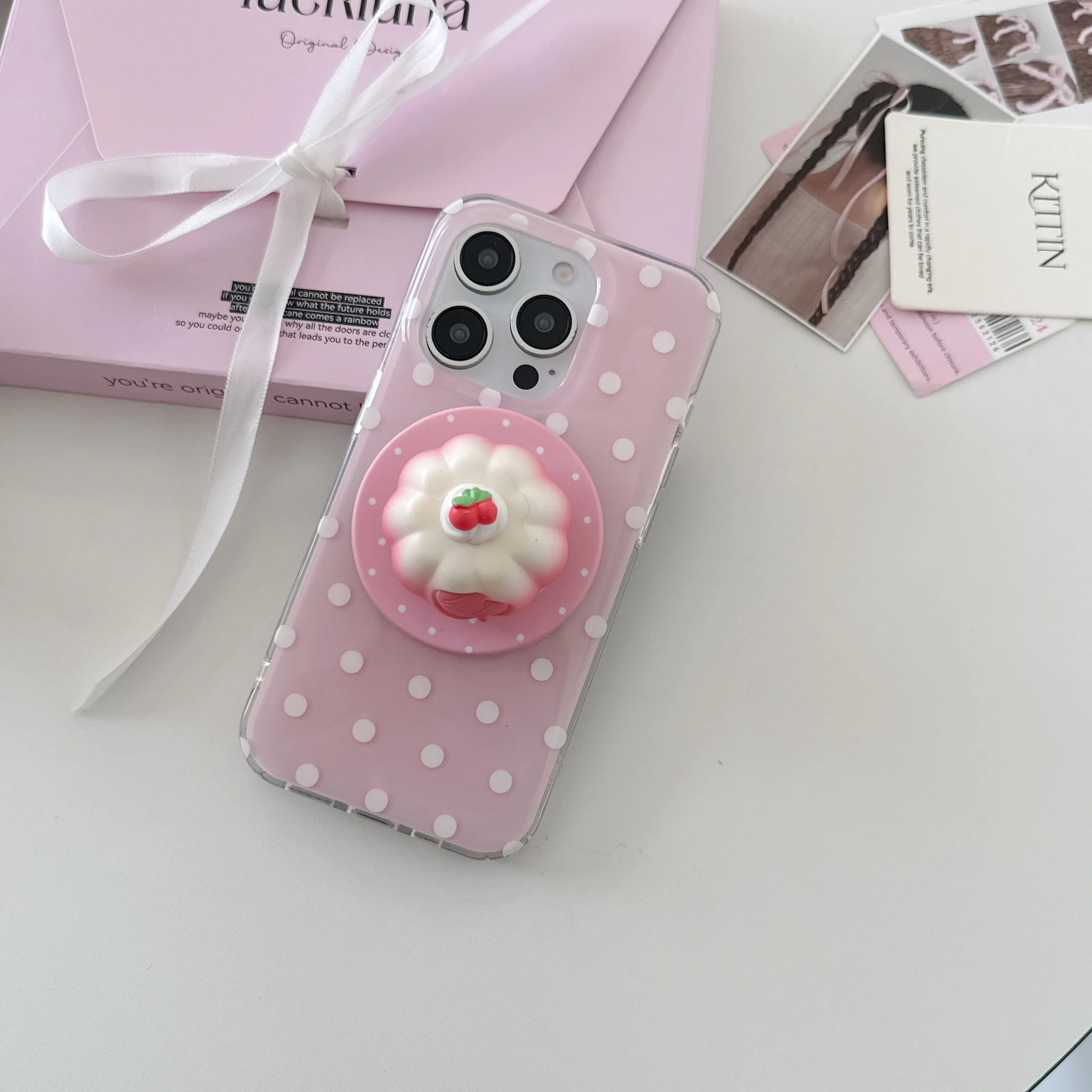 

Double Layer Pink Polka Dots Pudding Magnetic Stand For iPhone 16 15 14 Pro Max Anti Drop Case Original Cute Girl Indispensable