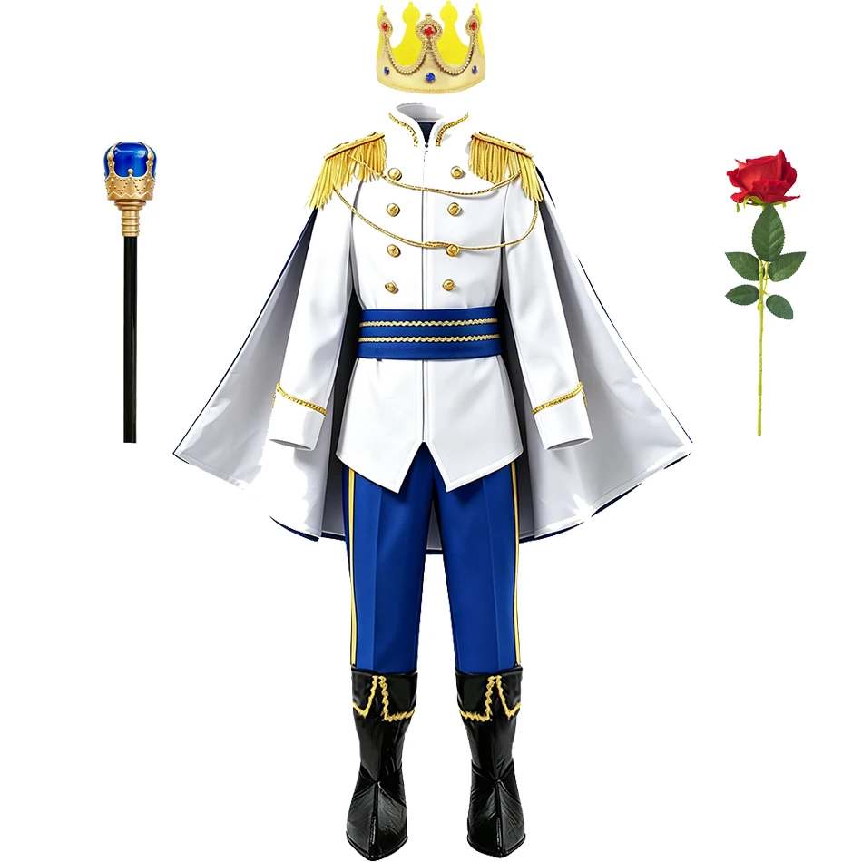 Boys Royal Prince Costume White Military‑Style Jacket with Tassel Epaulets Cape Blue Pants Boot Covers Kids Outfit for Carnival