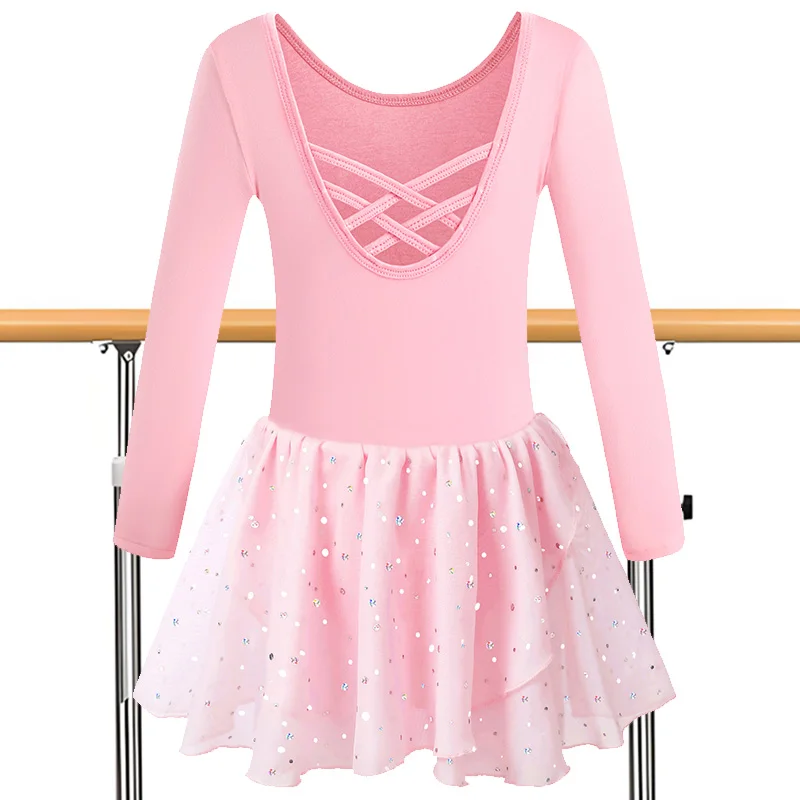 Langarm-Ballettkleid für Mädchen, Tanztrikots für Mädchen, Gymnastik-Tanzröcke mit glitzernden Pailletten und überkreuztem Rücken
