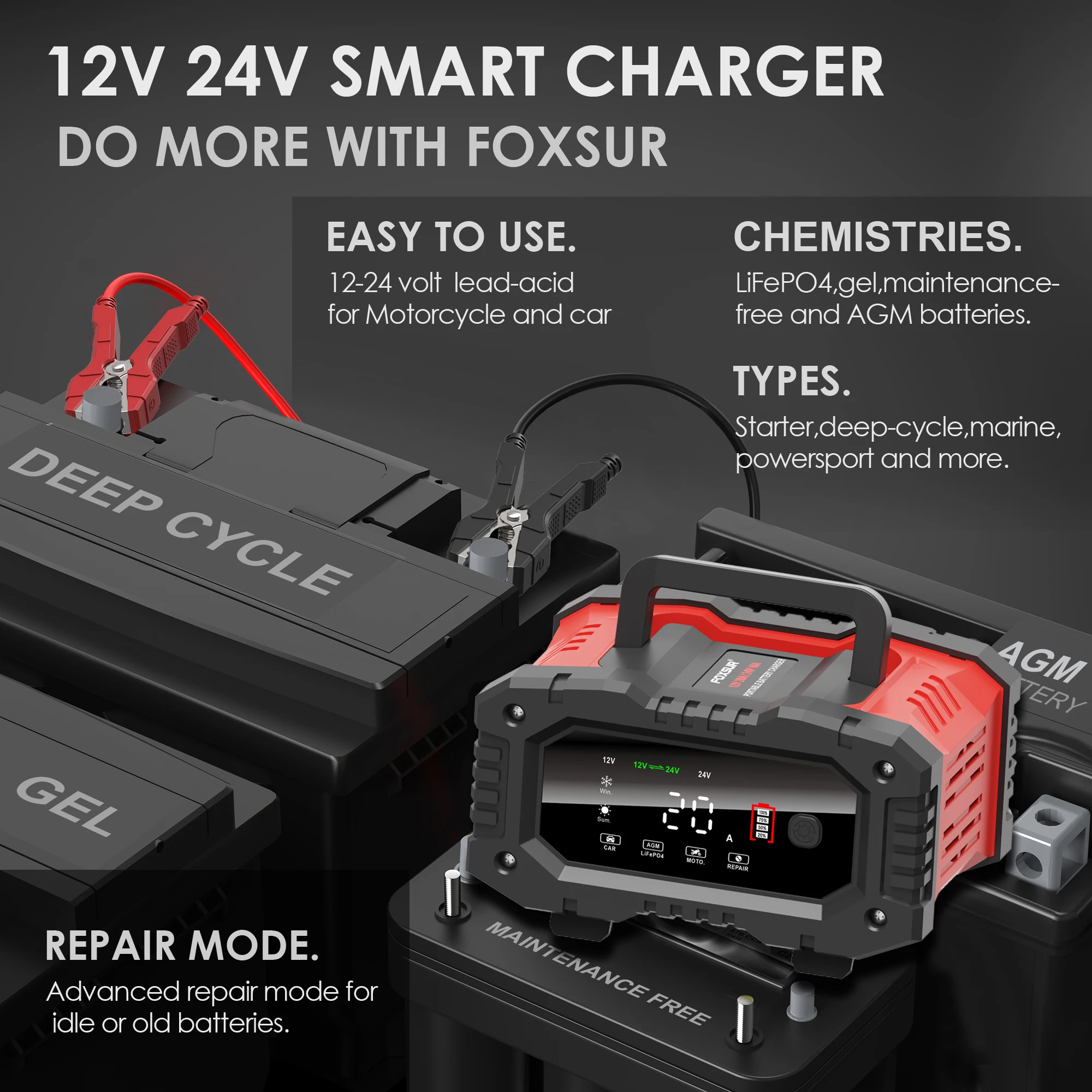 FOXSUR Portable 20A 12V-24V Smart Battery Charger for Motorcycle Car Battery Repair Auto Moto Lead Acid AGM GEL PB  LiFePo4 Batt