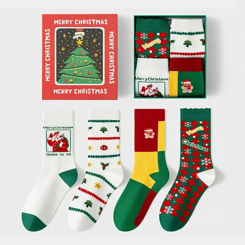 Ata iOW-Chaussettes en coton de dessin animé pour couples, bonhomme de neige du père Noël, chaussettes longues, mode drôle, mignon, boîte-cadeau de Noël, nouvel an