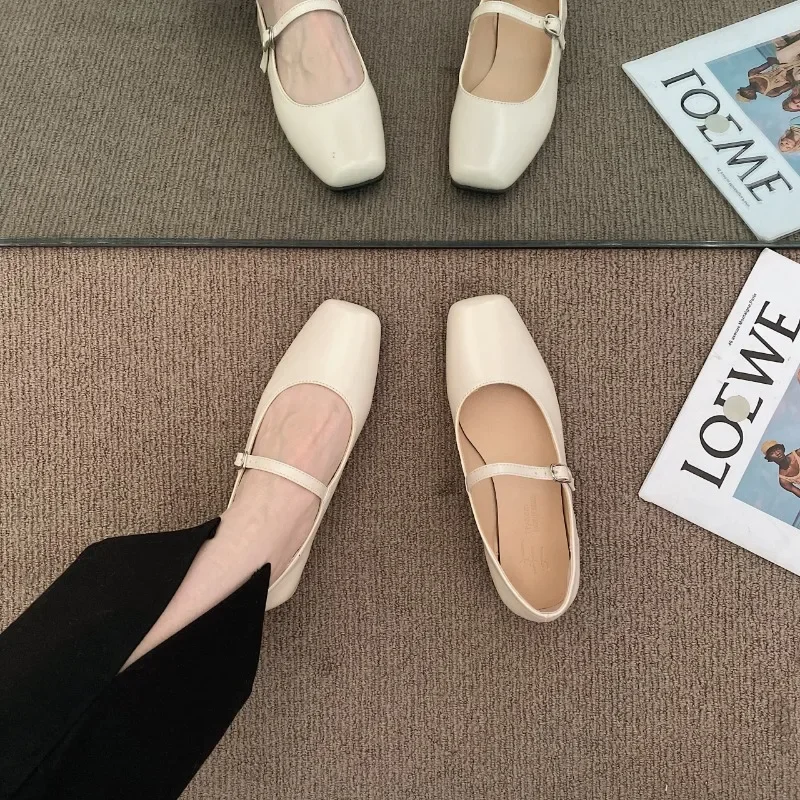 Spring Autumn Fashion Square Toe Ballet Shoes Mary Jane Shoes Low Heel Casual Silver Shallow Buckle Soft Sole Shoes Womens Shoes