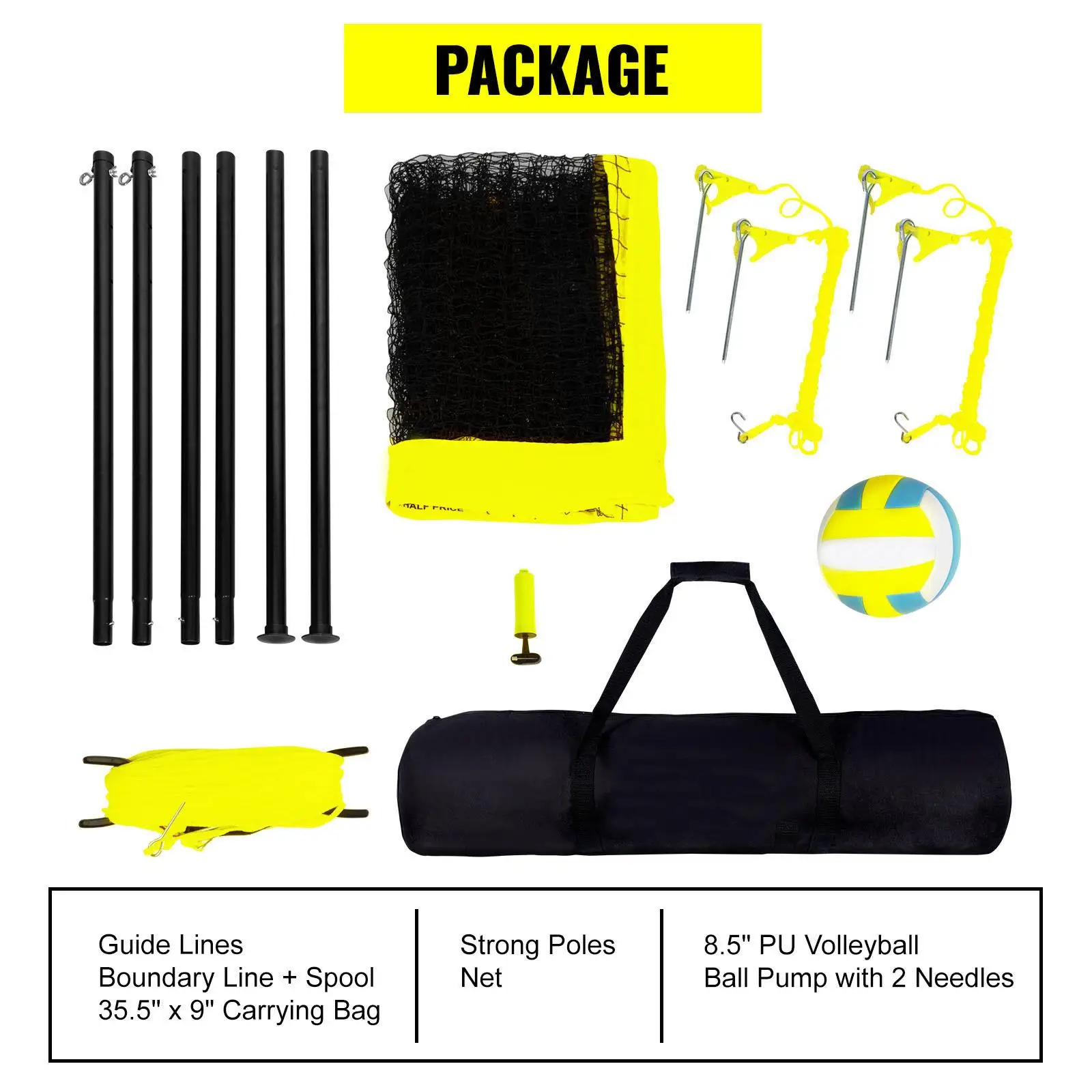 Portable Volleyball Net Set Adjustable Height Steel Poles Heavy Duty Outdoor Volleyball Equipment with PVC Volleyball Pump and Carry Bag