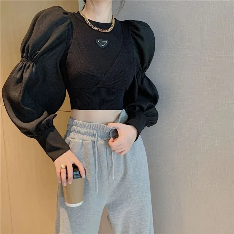 Elegant Stand Collar Solid Color Puff Sleeve Top Spring Autumn Fake Two Pieces Korean Folds Loose Spliced Women\'s Office Shirts