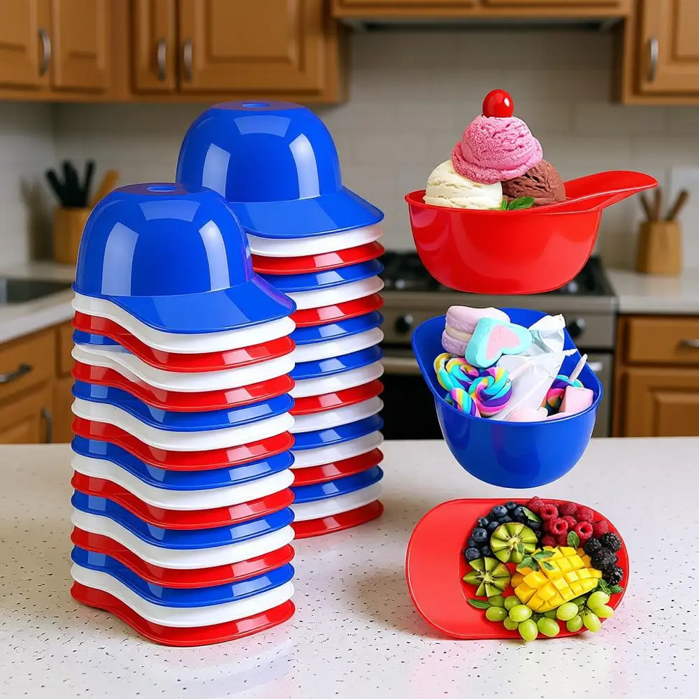 

8 oz Mini Ice Cream Sundae Cups, Baseball Helmet Design, 36 Pack Party Bowls in Red, Blue, White for Birthday Celebrations