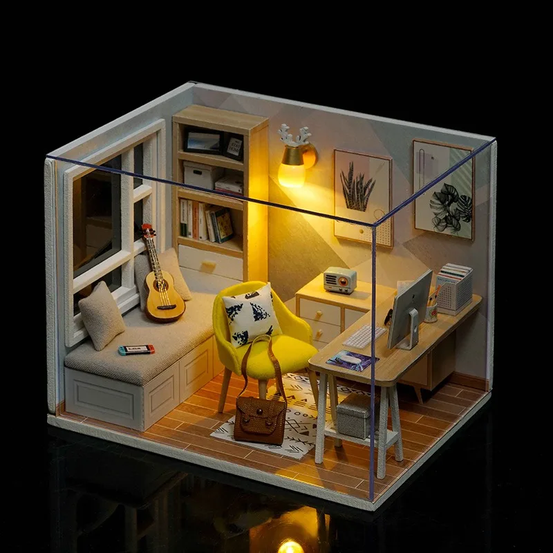 

Miniature Sunlit Study Dollhouse With Dust Cover DIY Mini Furniture Kit Guitar Sofa Desk Bookshelf Home Decoration Craft Gift