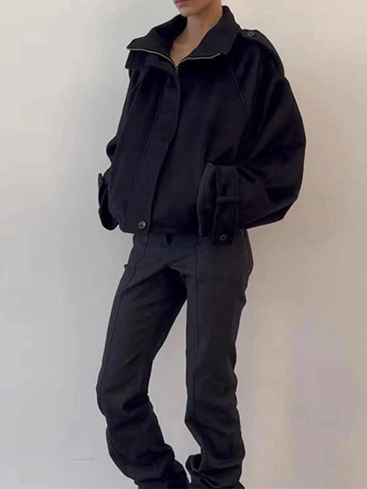 Chaqueta elegante de lana con cuello levantado para mujer, chaquetas holgadas de manga larga con un solo pecho y cremallera, prendas de vestir para Otoño e Invierno 2025