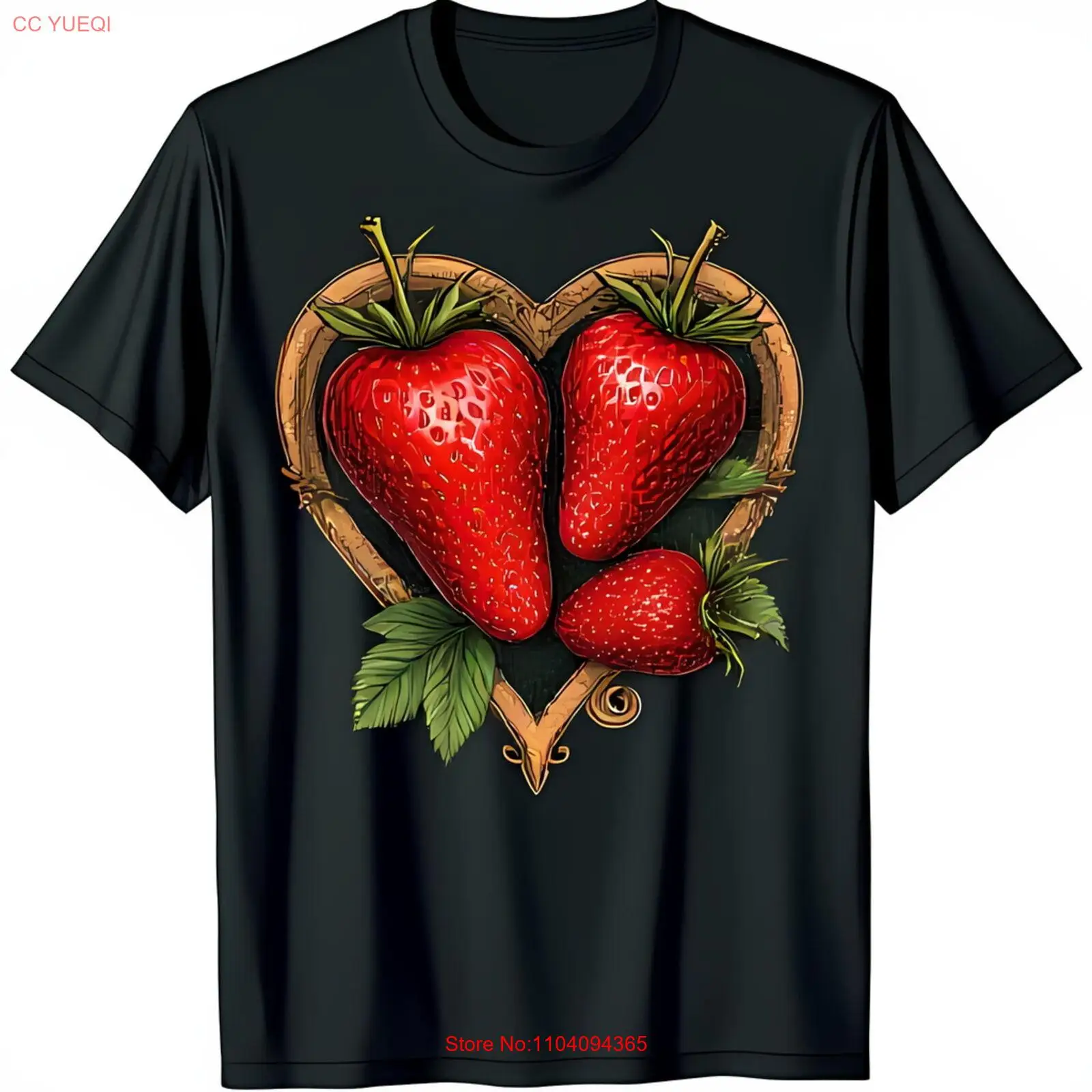 Unique Black T-Shirt with Heart Shaped Strawberries Design and Leaf Pattern