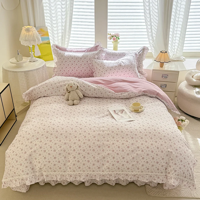 Korean Princess Style Floral Lace Ruffled 100% Cotton Bedding Set Soft & Comfortable Luxury Home Textiles, Cute Duvet Covers Set