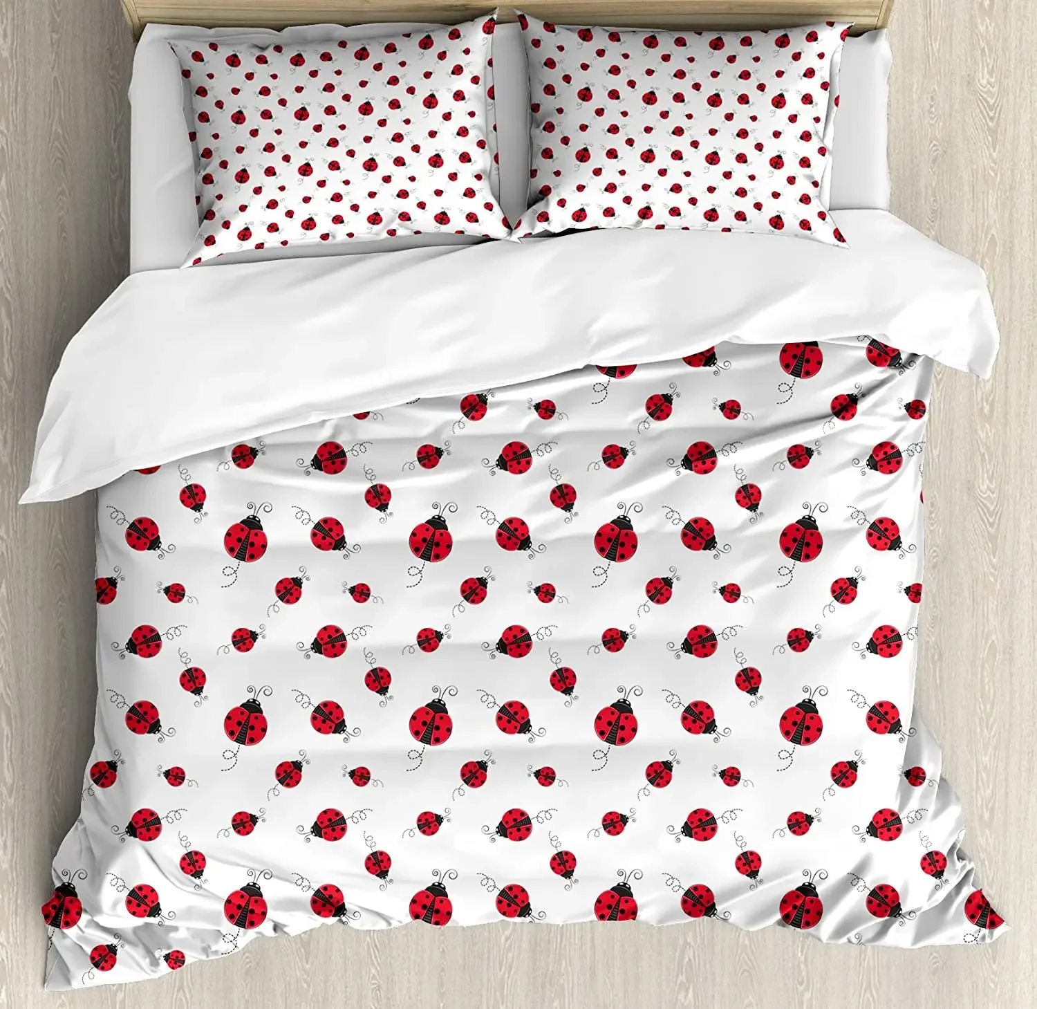 

Ladybugs Bedding Set Comforter Duvet Cover Pillow Shams Ladybug with Dotted Wings Swirls and Curves Bedding Cover Double Bed Set