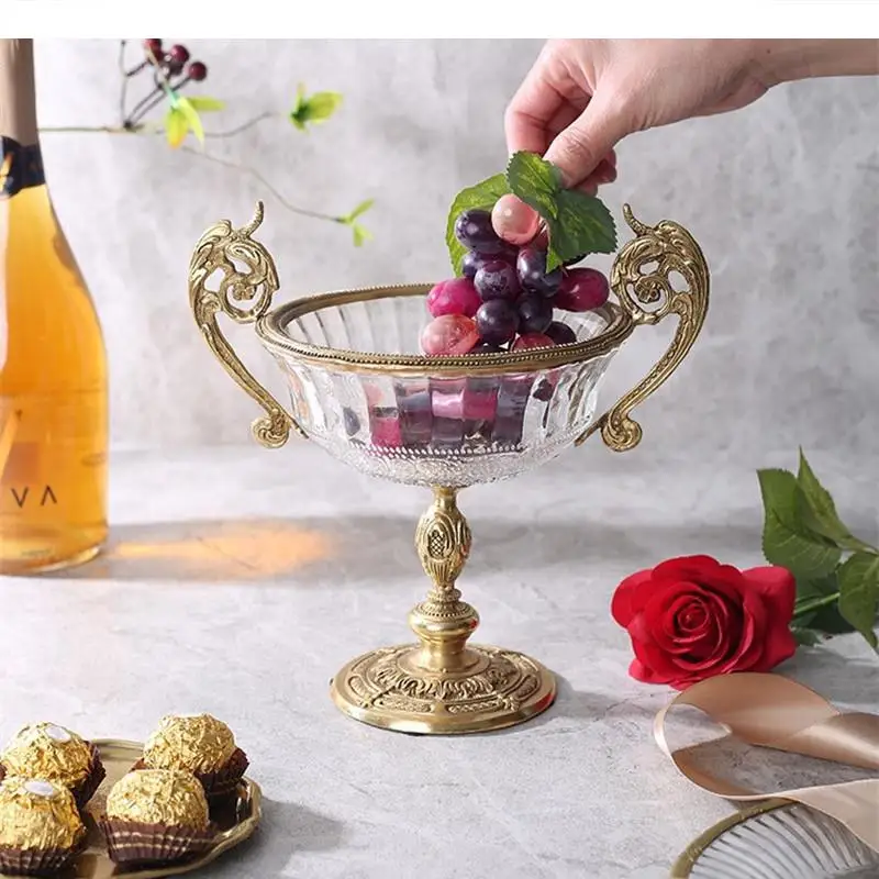 Brass Crystal Glass Fruit Bowl Binaural Plate Decorative Snack Tray Salad Bowls Cake Pan Dessert Dim Sum Dish