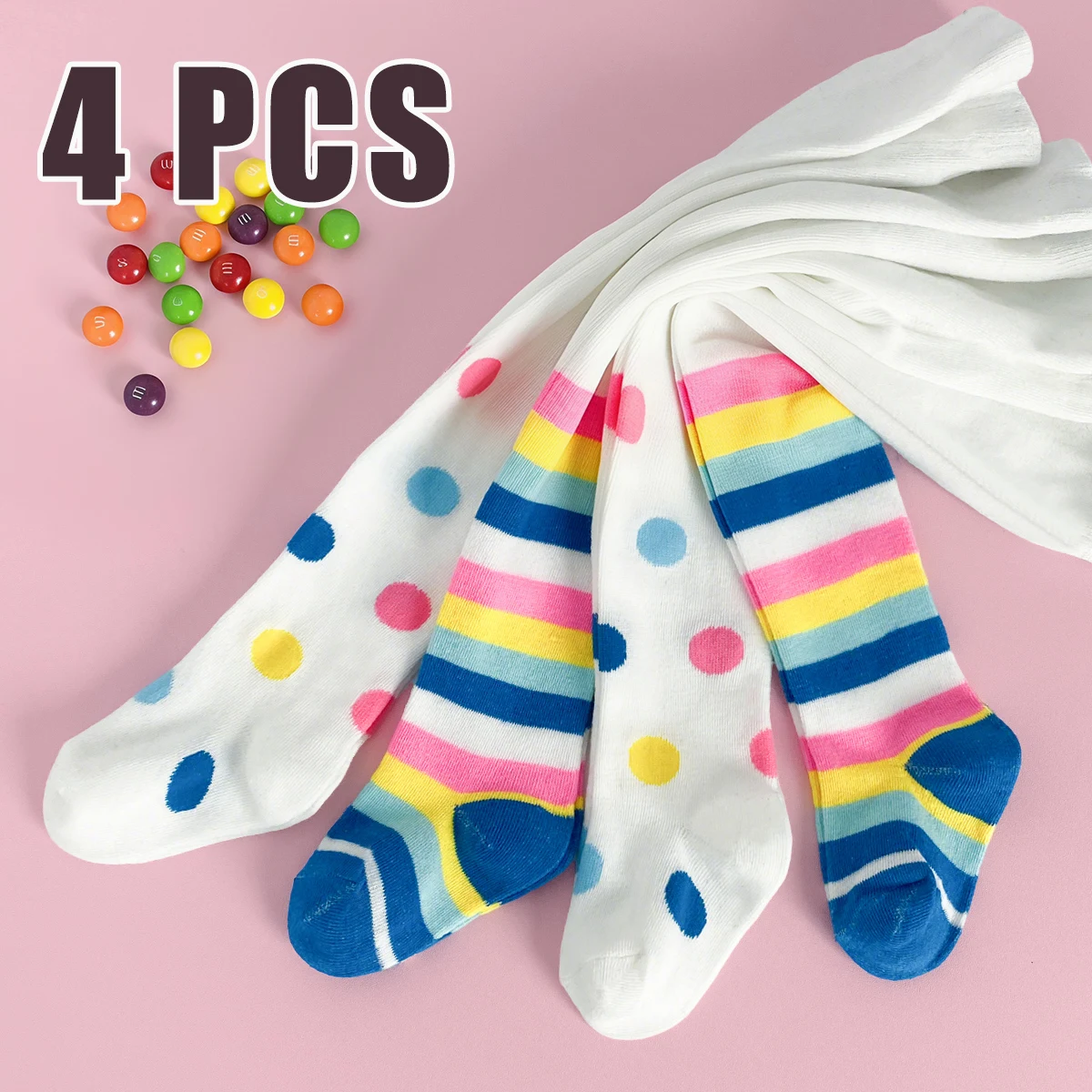 4 PCS Children Girl Kid Tights for Casual, Kids' tights with colorful stripe and polka dot patterns, suitable for School & Layer