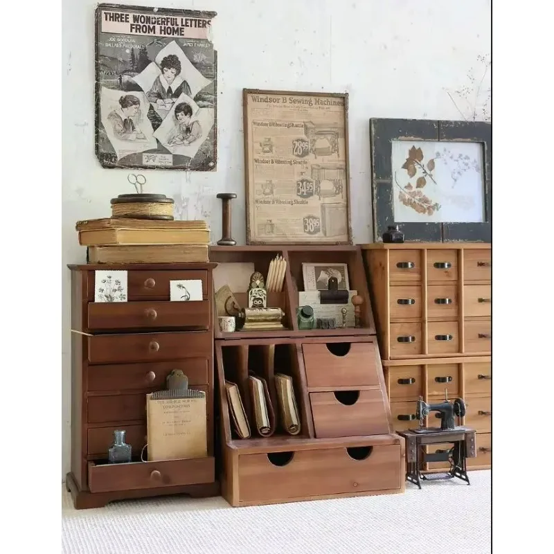 Antique Folding Wooden Chest Box with Drawers Dividers, Metal Holder