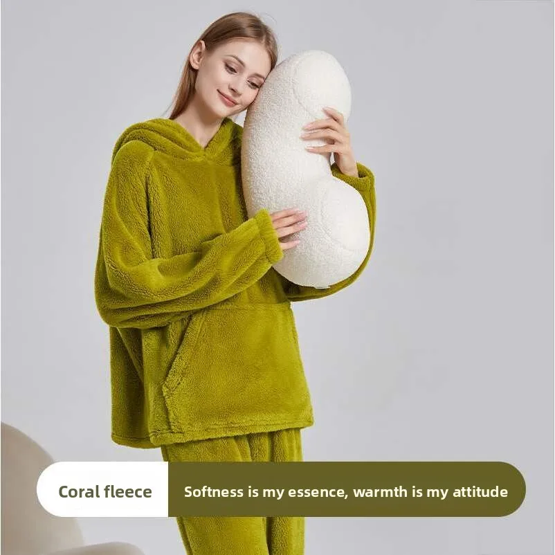 

Thick Coral Fleece Pajamas Women's Autumn Winter Home Clothes Long Sleeve High Collar Color Youth Size Large Plush Slee...