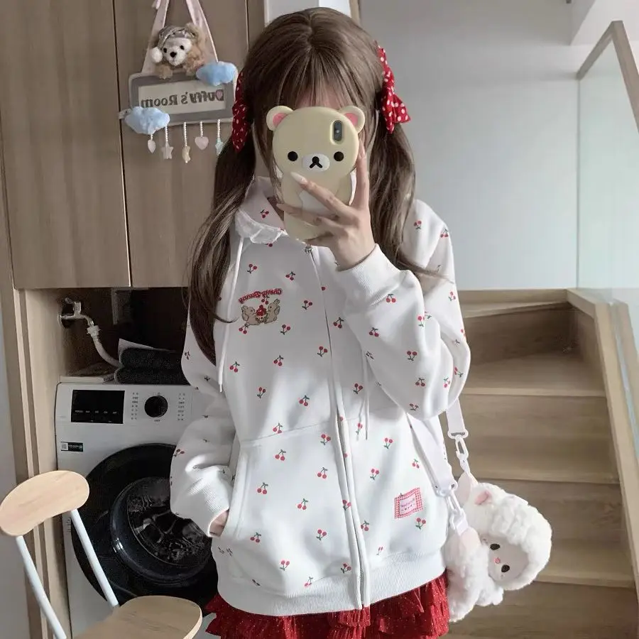 Korean Fashion Cute Cherry Long Sleeved Streetwear Women Sweatshirts Jacket 2024 Autumn Winter Aesthetic Hoodies Women Tops