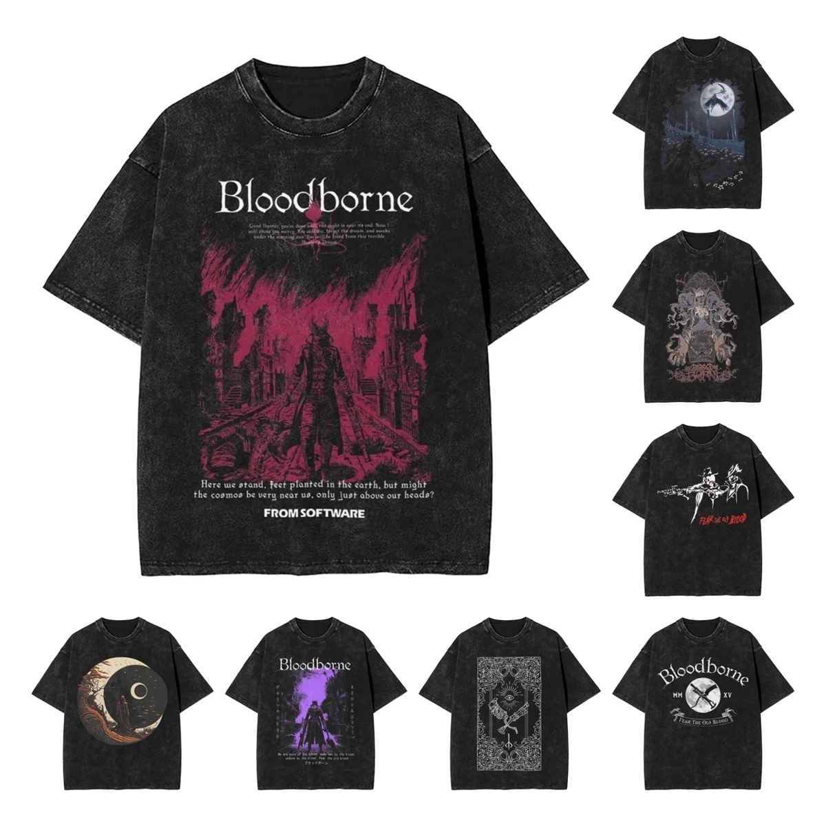 Camisetas lavadas Bloodborne Darks Souls, ropa de calle, camiseta Vintage de Hip Hop, camisetas para hombres y mujeres, camisetas de algodón con estampado gráfico callejero