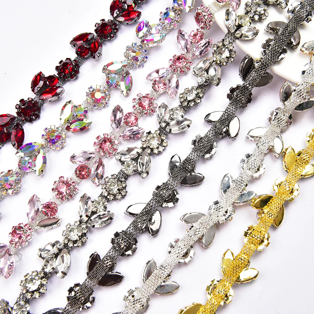 Multicolor Horse Eye Shining Glass Rhinestone Plum blossom Flower Chain Dress Diamond Crystal Trim Diy Clothes Accessories