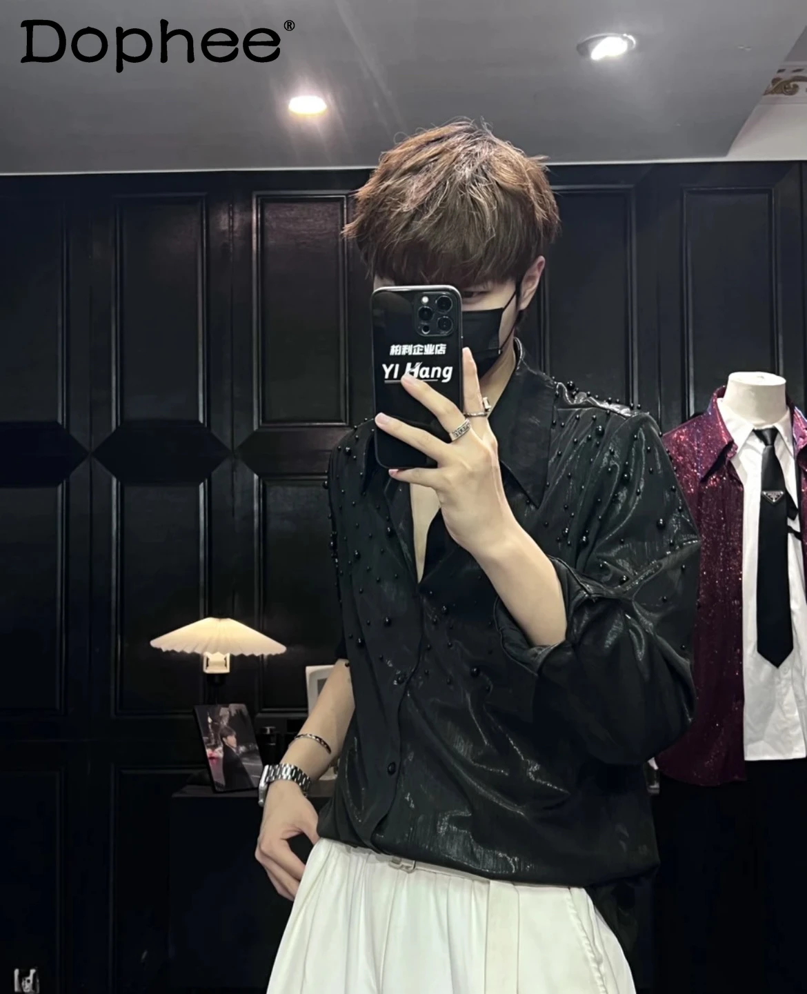 

2025 Summer Fashion Design Beaded Long Sleeve Shirt Loose Trendy Light Luxury Fashion Personality Shirt for Men