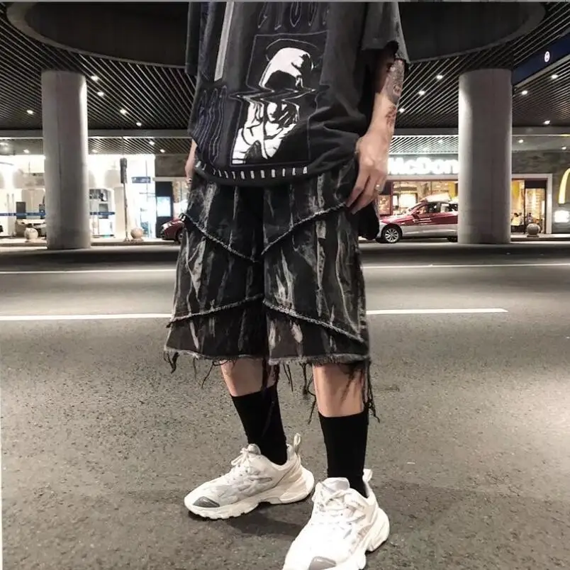 American raw edge denim men shorts summer oversize casual loose knee-high dark cropped pants streetwear men 2024 w756