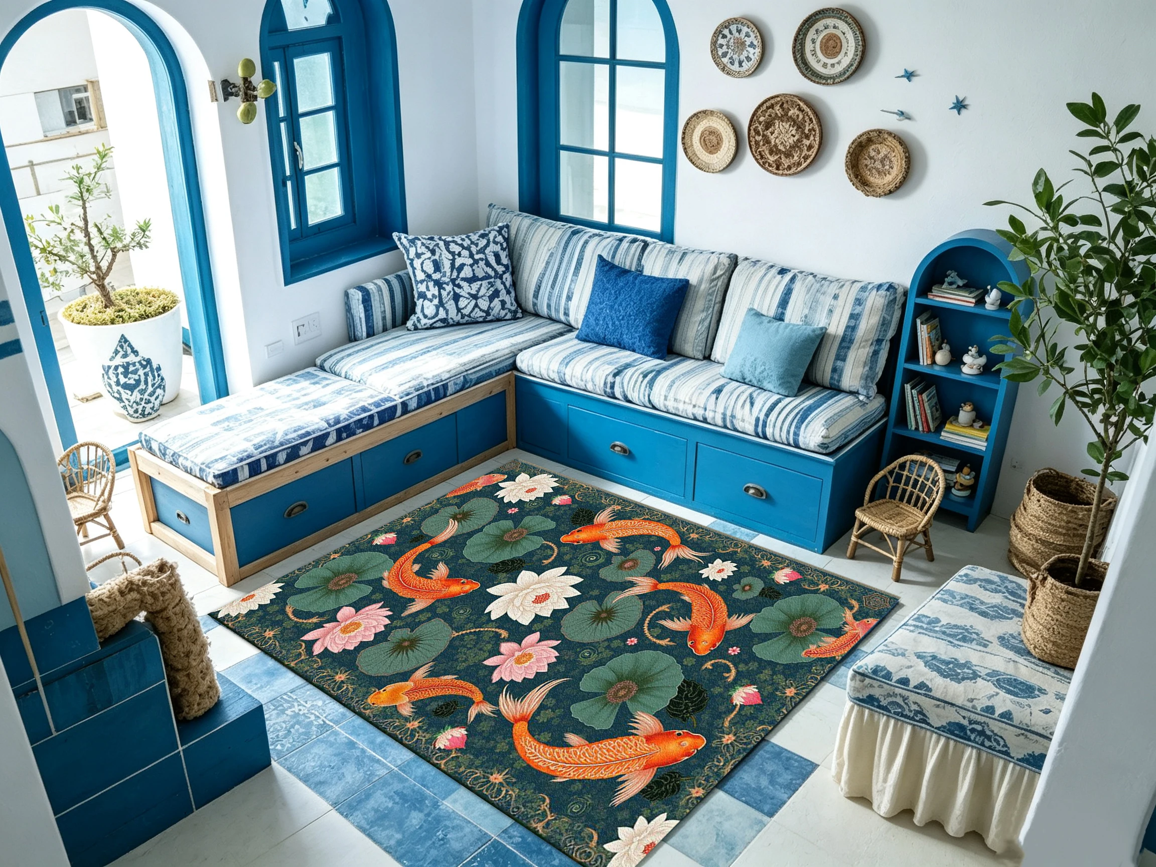 Antique Deep Teal Koi Fish and Lotus Pattern Carpet Oriental Vintage Home Carpet Suitable for Living Room Bedroom Interior Decoration
