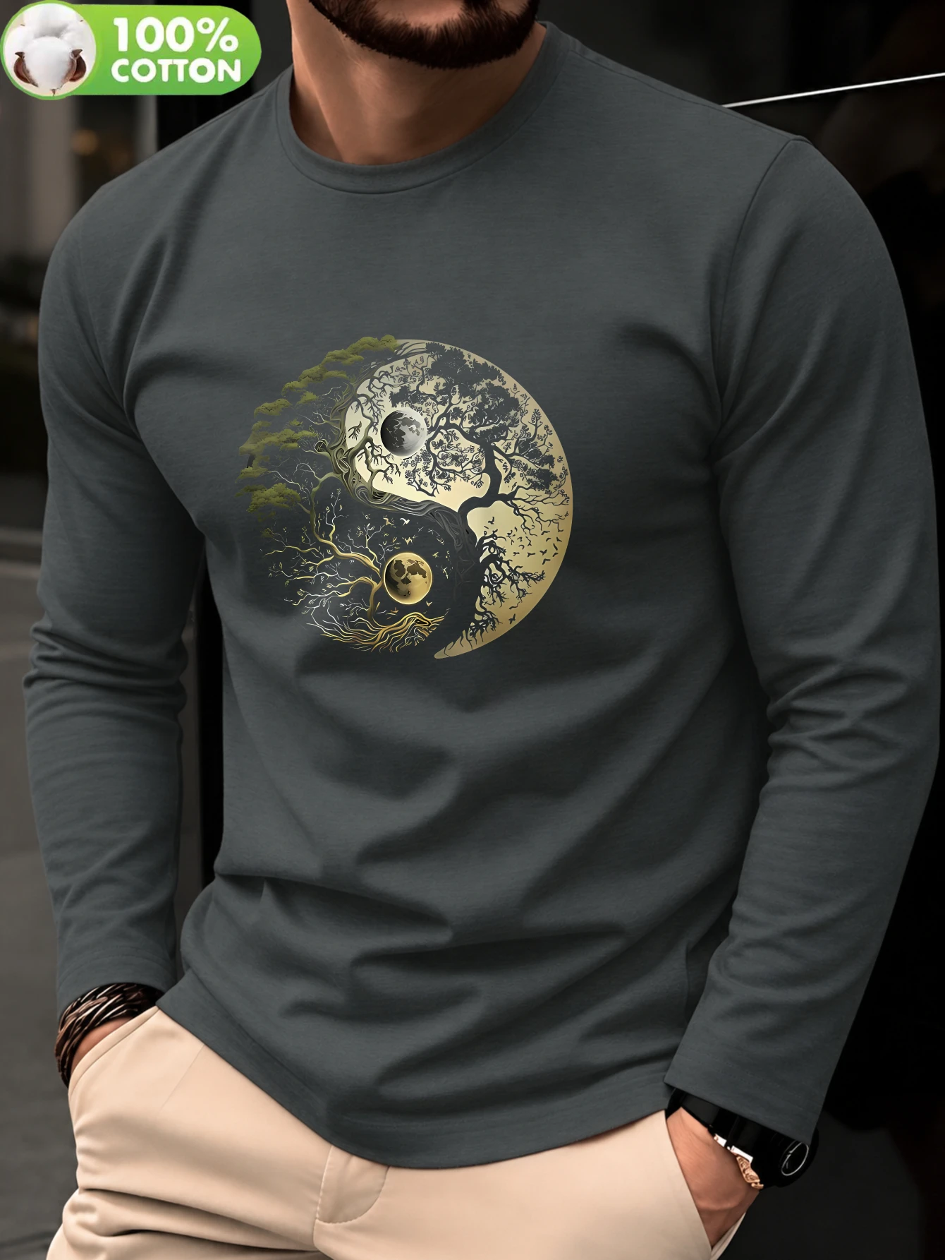 Mens 100 Pure Cotton Long Sleeve T Shirt Milan Italian Pattern Print Crew Neck Standard Size Machine Washable Comfortable Fashio