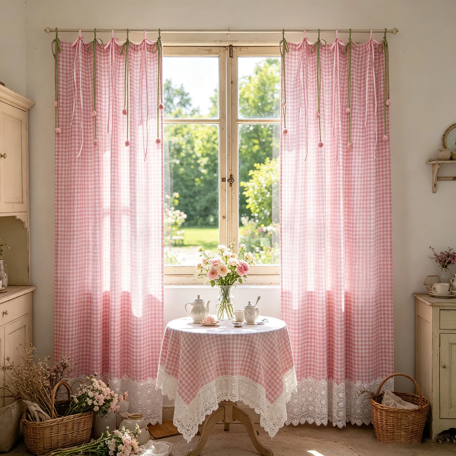 1PC Korean Pink Lattice Lace Curtain, Tie Top, Tulip Decoration Window Drape for Living Room, Kitchen, Balcony Blinds