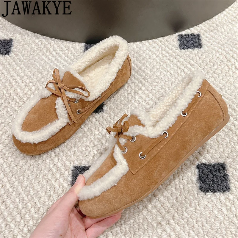 Winter Hot Sale Lace up Fur Loafers Flat Shoes Women Wool Edging Casual Fashion Doudou Shoes Business Warm Walk Shoes Woman