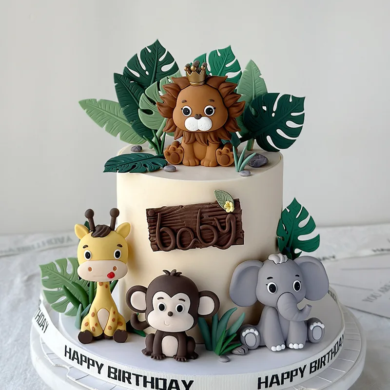 New Forest Jungle Animals Cake Decorations Lion Giraffe Elephant Monkey Safari Party Cake Toppers for Kids Happy Birthday Decor