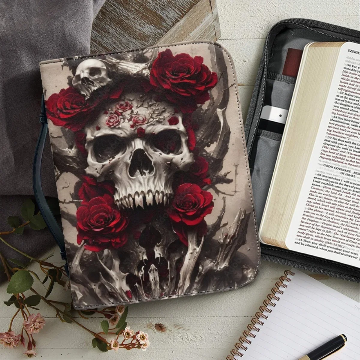 

Handbag for Women PU Bible Organizer Gothic Skull Pattern Print Zipper Handle Bible Storage Bags Bible Cover Case Halloween Gift