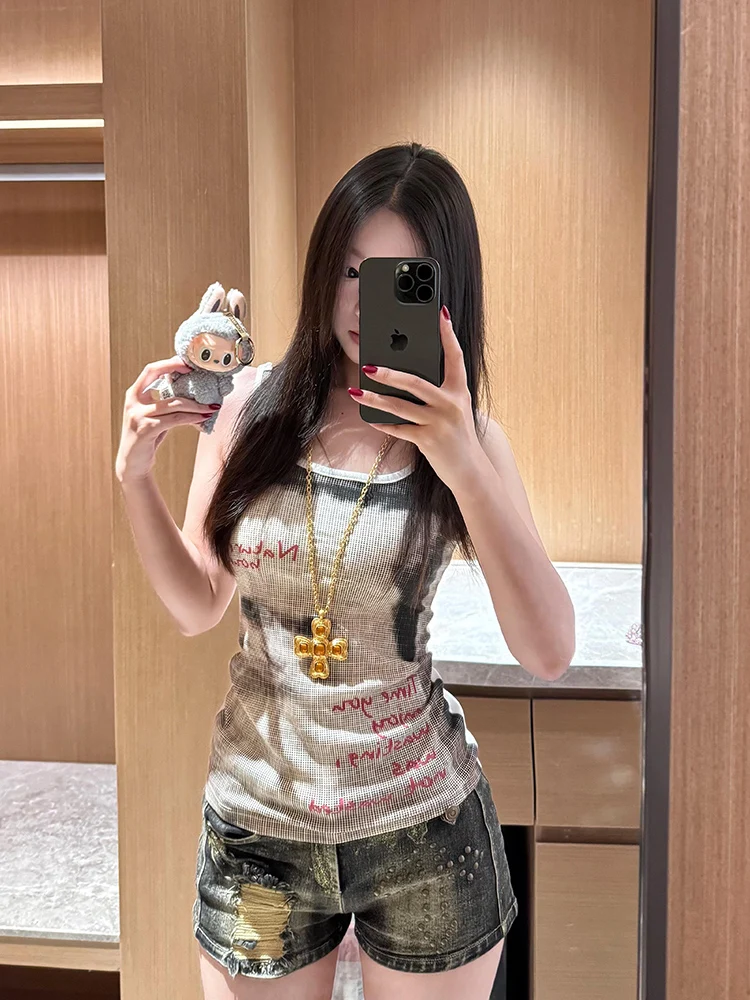 Amerikaanse retro print ter tanktop dames zomer afslankende sexy bovenkleding katoenmix elastische vezelstof