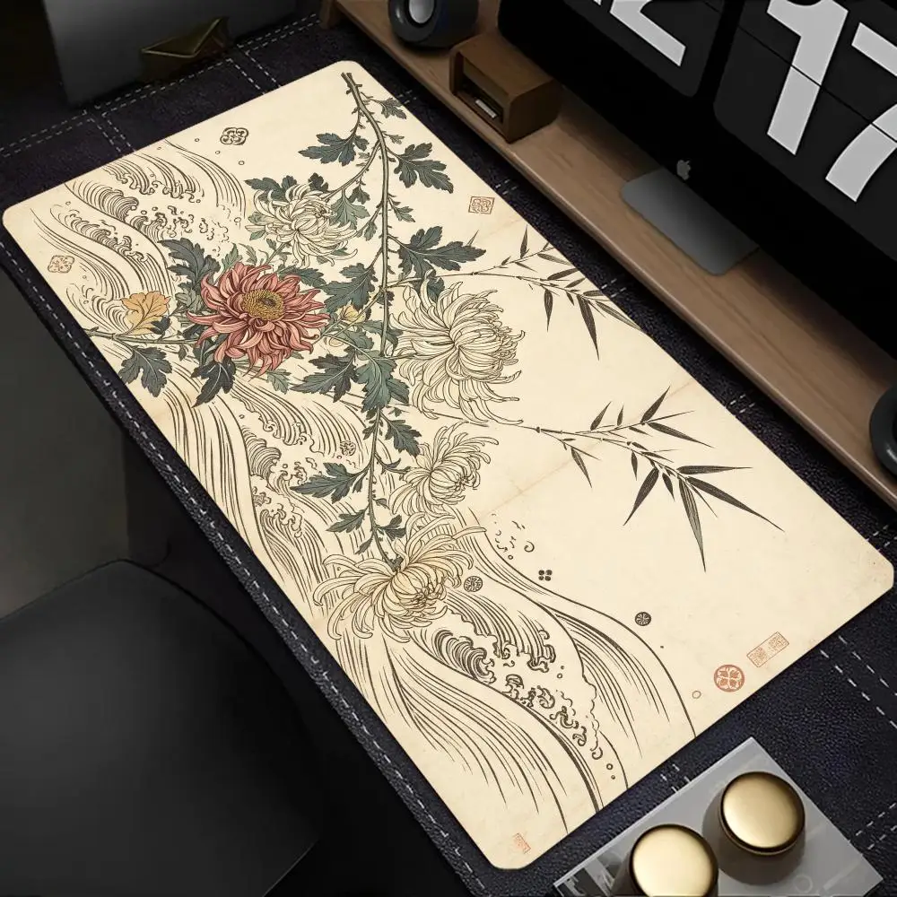 Modern Sketch Chrysanthemum Desk Pad Gold Accent Simple Line Design Mousepad Laptop Daily Working Learning Accessory