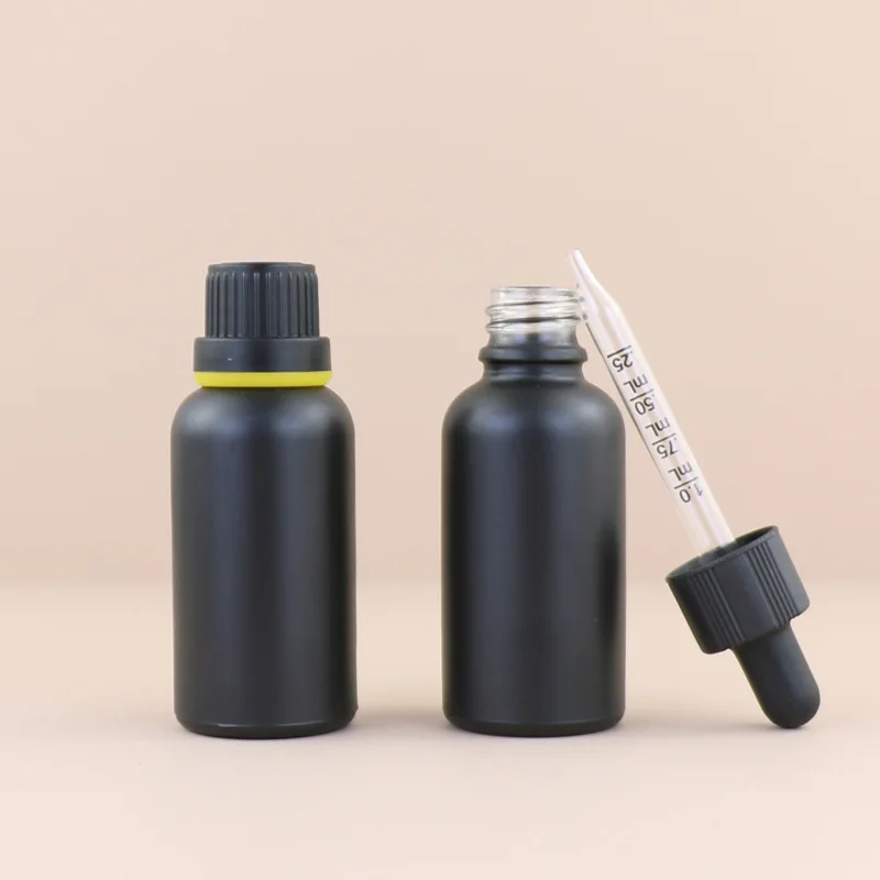 Botellas cuentagotas vacías de 10/30/50ml, aceite esencial de vidrio, líquido de aromaterapia, botella de pipeta de masaje negra mate rellenable