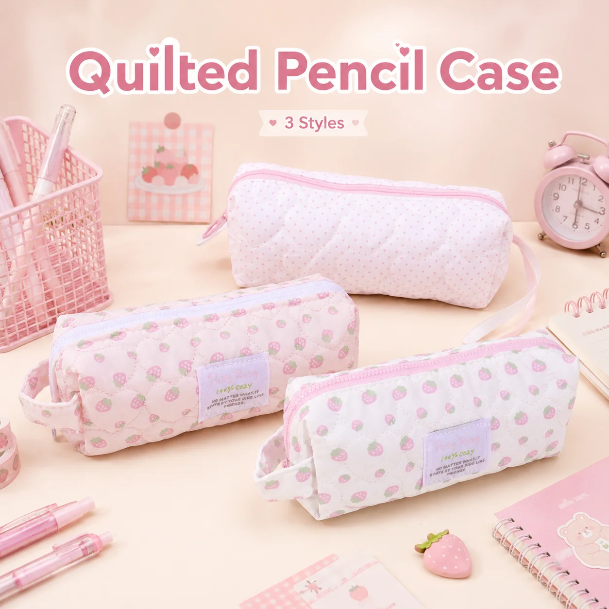 Strawberry Print Pencil Case Quilted Zipper Pouch With Handle Portable Stationery Organizer For School Office Travel Supplies